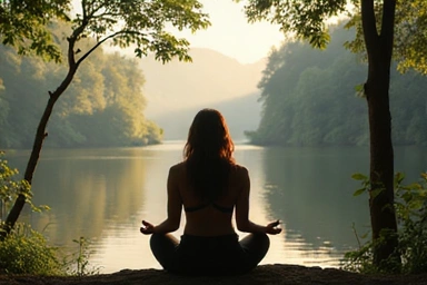 Persona meditando en un entorno natural, representando el bienestar mental y la conexión con la alimentación consciente