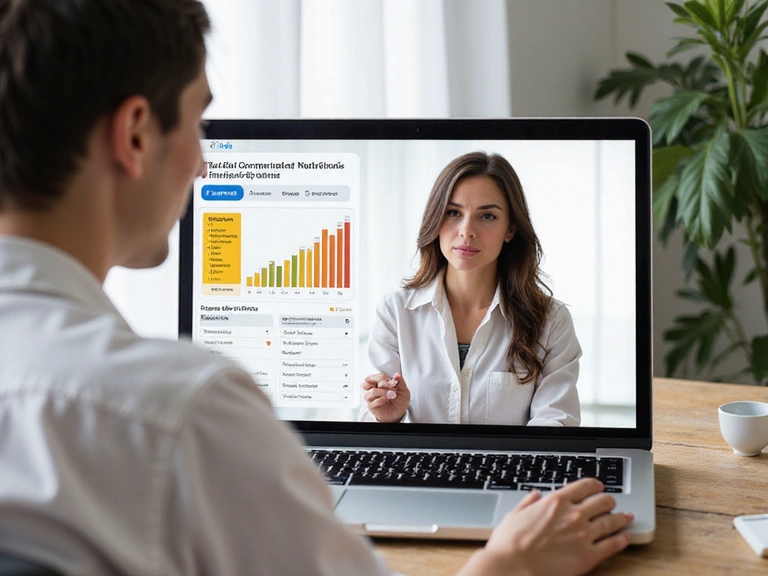 Nutricionista realizando una consulta online con un cliente, mostrando una interfaz de videollamada con gráficos de nutrición.