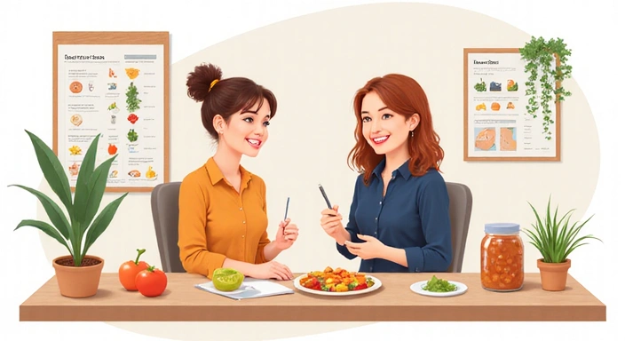 Ilustración que representa un proceso de coaching nutricional, con una nutricionista y un cliente interactuando, mostrando elementos de personalización, educación y apoyo.